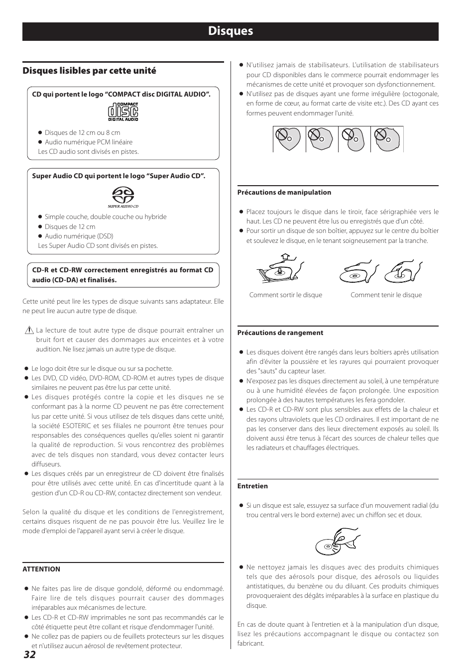 Disques, Disques lisibles par cette unité | Teac P-02 User Manual | Page 32 / 84