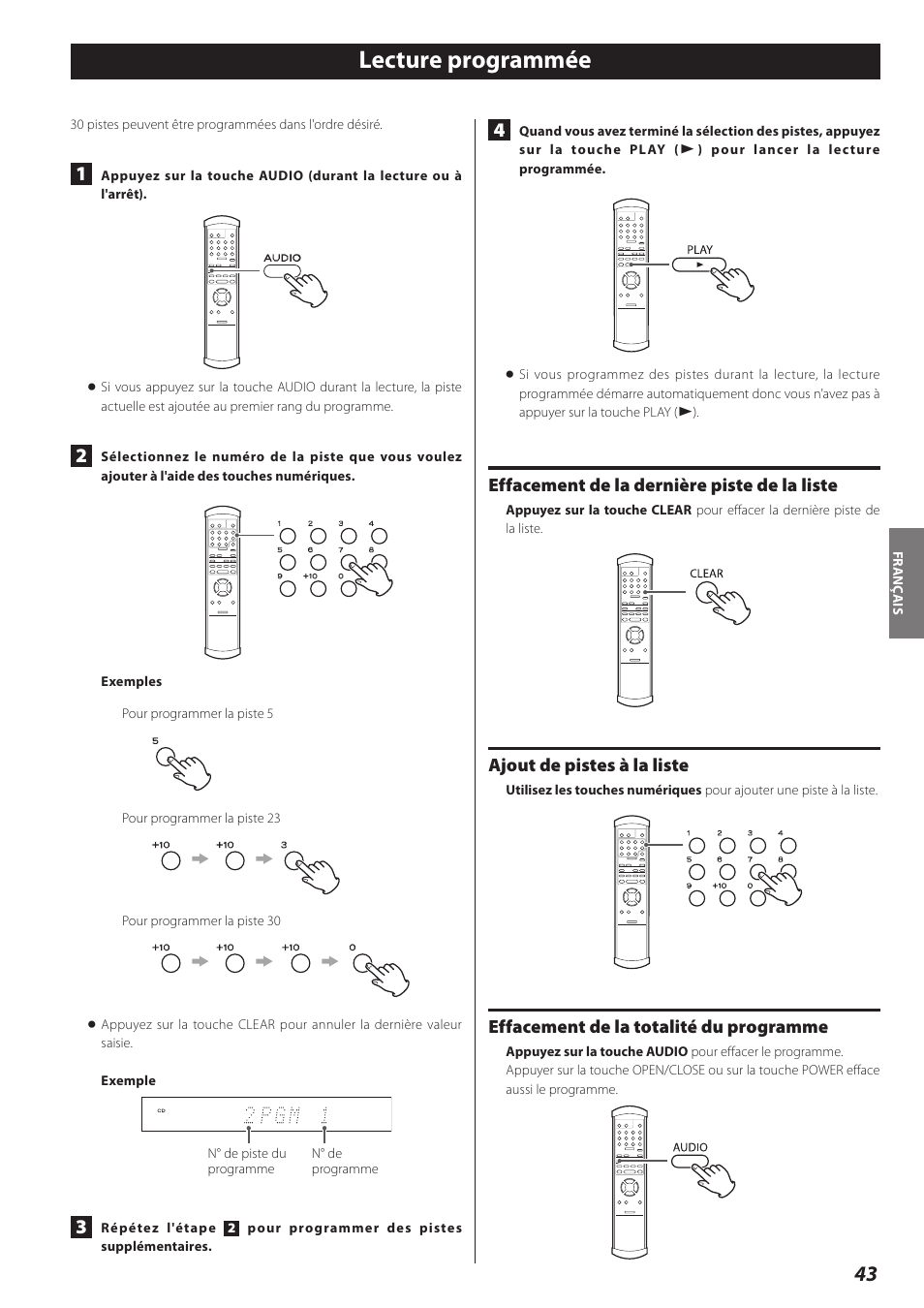 Lecture programmée, Effacement de la dernière piste de la liste, Ajout de pistes à la liste | Effacement de la totalité du programme | Teac P-02 User Manual | Page 43 / 84