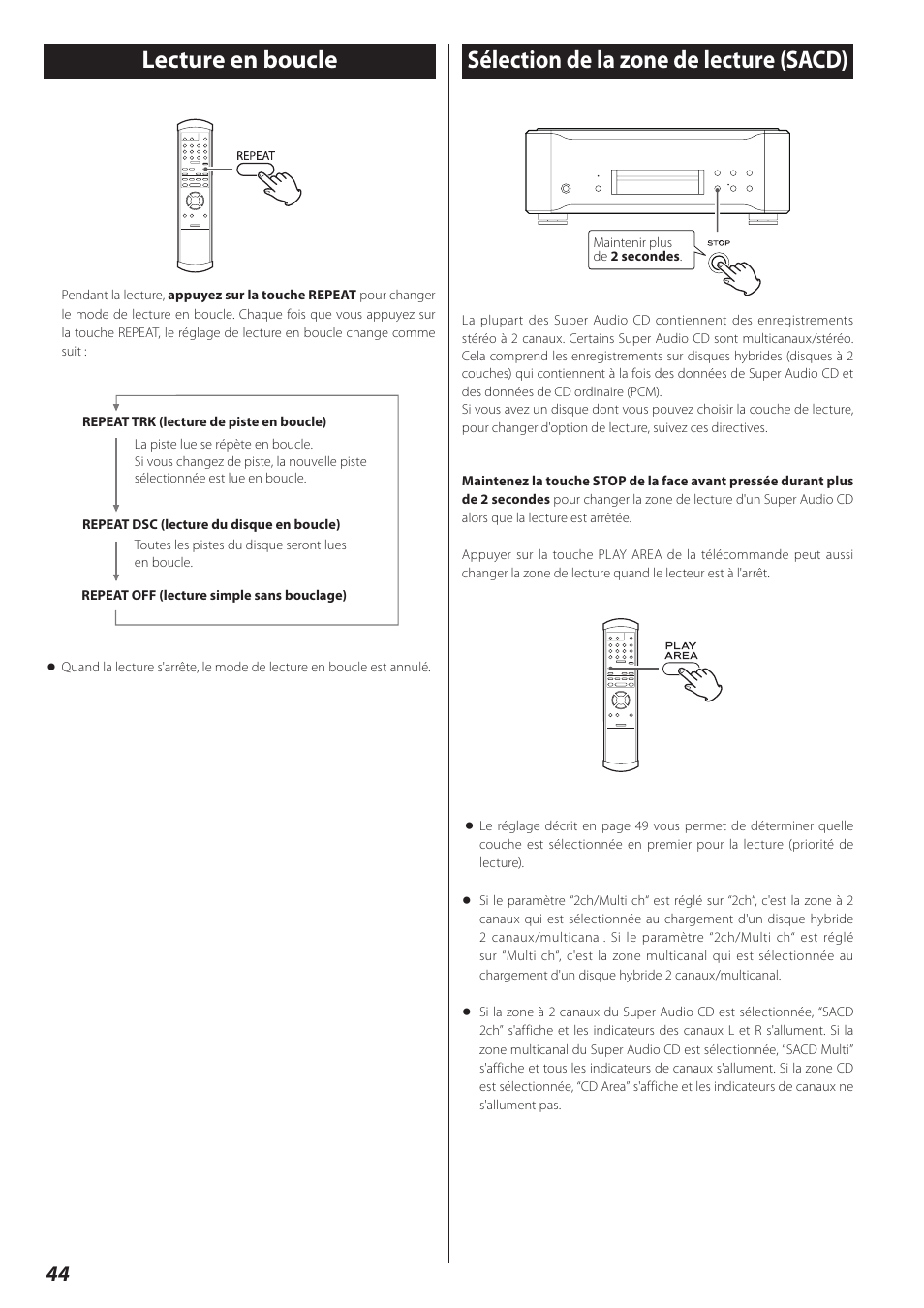 Lecture en boucle, Sélection de la zone de lecture (sacd) | Teac P-02 User Manual | Page 44 / 84