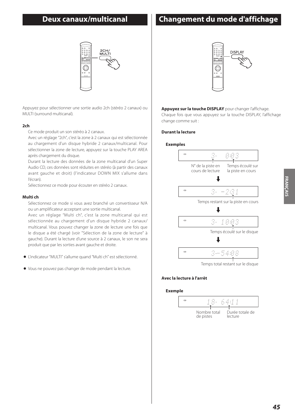 Deux canaux/multicanal, Changement du mode d'affichage | Teac P-02 User Manual | Page 45 / 84