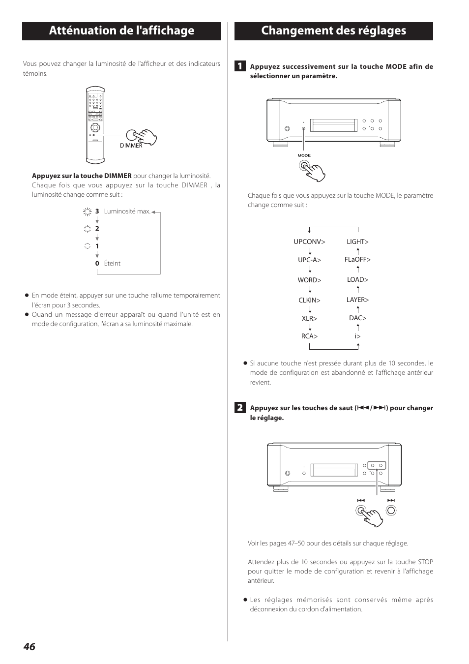 Atténuation de l'affichage, Changement des réglages, Atténuation de l'affichage changement des réglages | Changement des réglages atténuation de l'affichage | Teac P-02 User Manual | Page 46 / 84