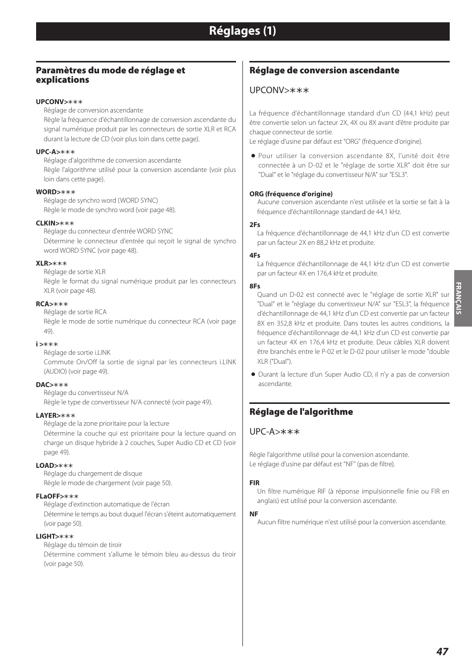 Réglages (1), Réglages, Paramètres du mode de réglage et explications | Réglage de conversion ascendante upconv, Réglage de l'algorithme upc-a | Teac P-02 User Manual | Page 47 / 84