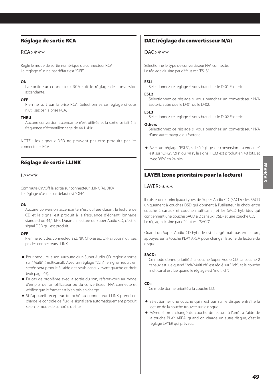 Réglage de sortie rca rca, Réglage de sortie i.link i, Dac (réglage du convertisseur n/a) dac | Layer (zone prioritaire pour la lecture) layer | Teac P-02 User Manual | Page 49 / 84
