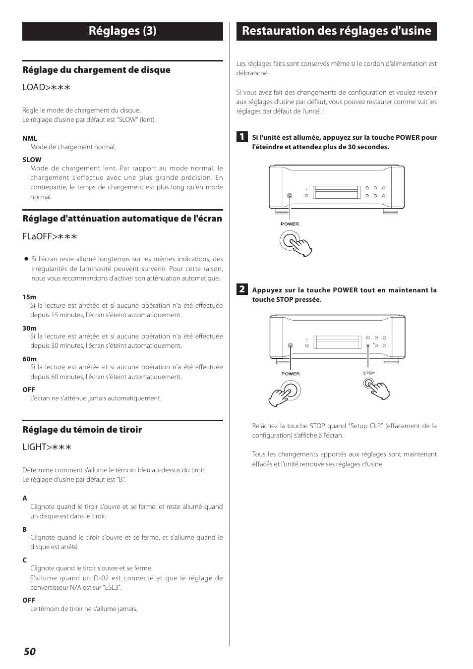 Restauration des réglages d'usine, Restauration des réglages d'usine réglages (3) | Teac P-02 User Manual | Page 50 / 84