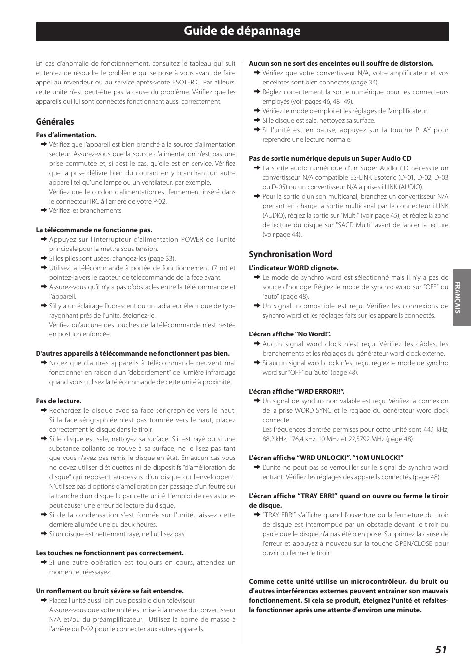 Guide de dépannage, Générales, Synchronisation word | Teac P-02 User Manual | Page 51 / 84