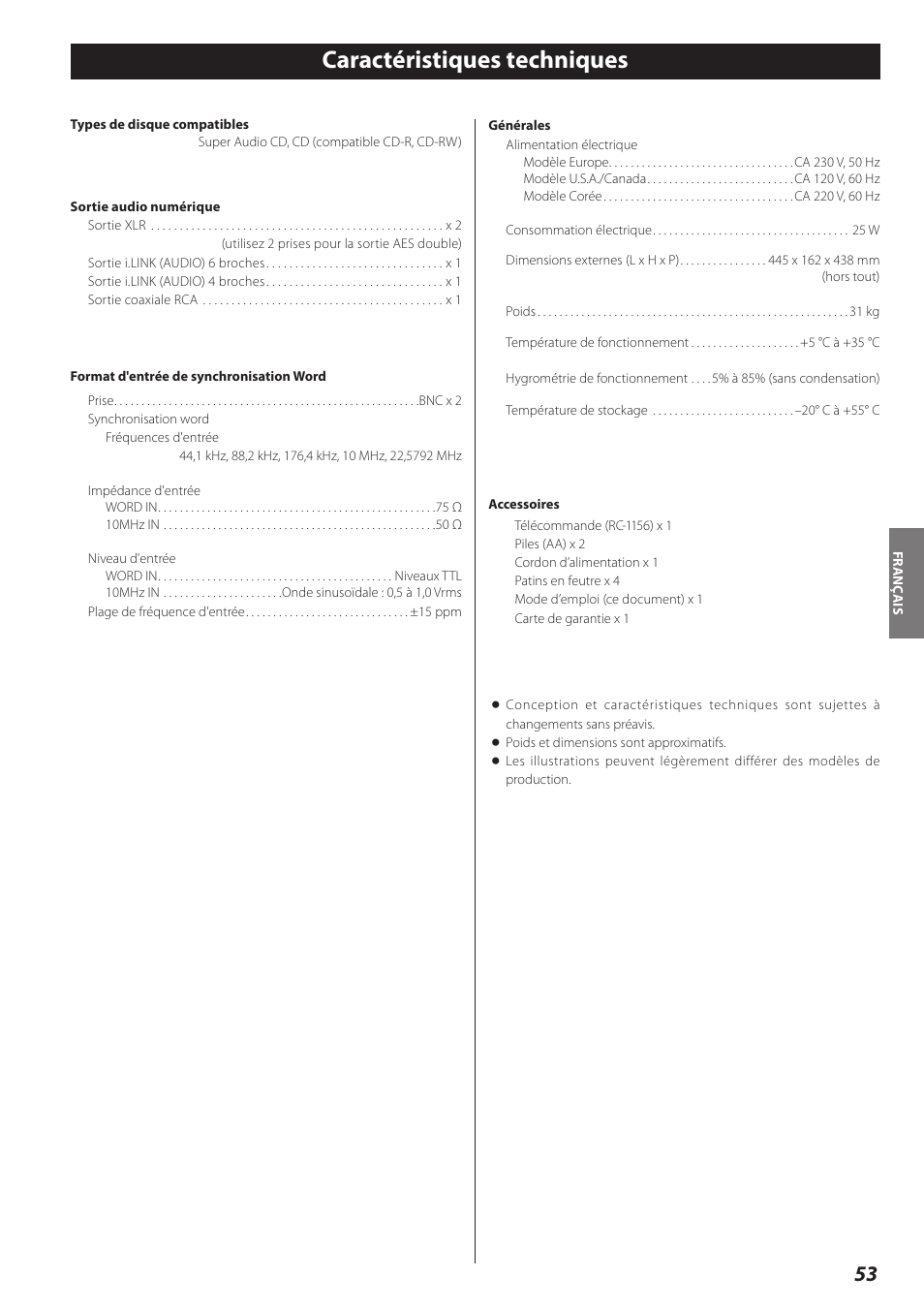 Caractéristiques techniques | Teac P-02 User Manual | Page 53 / 84