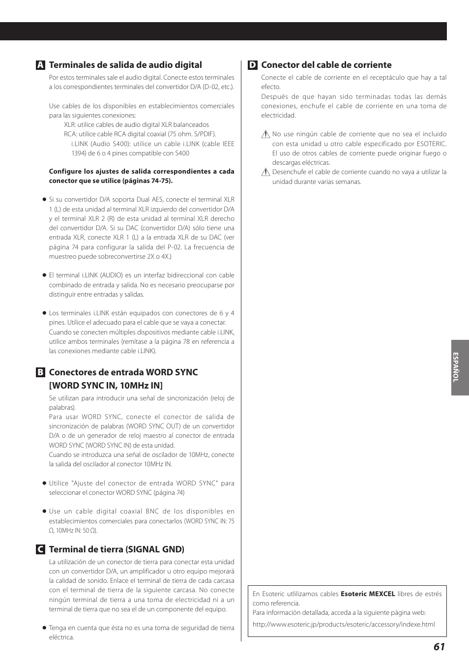 Aterminales de salida de audio digital, Cterminal de tierra (signal gnd), Dconector del cable de corriente | Teac P-02 User Manual | Page 61 / 84