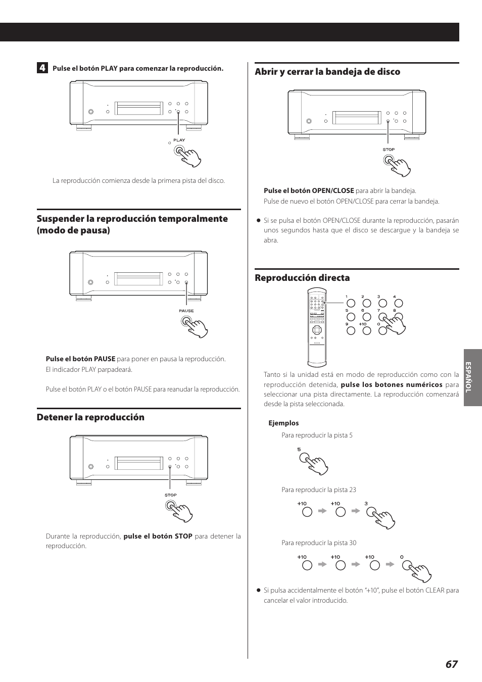 Detener la reproducción, Abrir y cerrar la bandeja de disco, Reproducción directa | Teac P-02 User Manual | Page 67 / 84