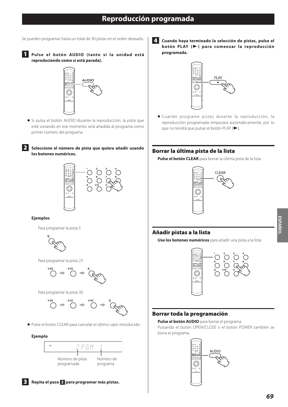 Reproducción programada, Borrar la última pista de la lista, Añadir pistas a la lista | Borrar toda la programación | Teac P-02 User Manual | Page 69 / 84