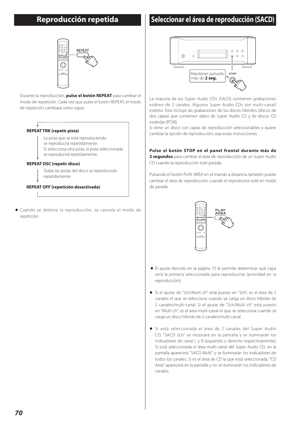 Reproducción repetida, Seleccionar el área de reproducción (sacd) | Teac P-02 User Manual | Page 70 / 84