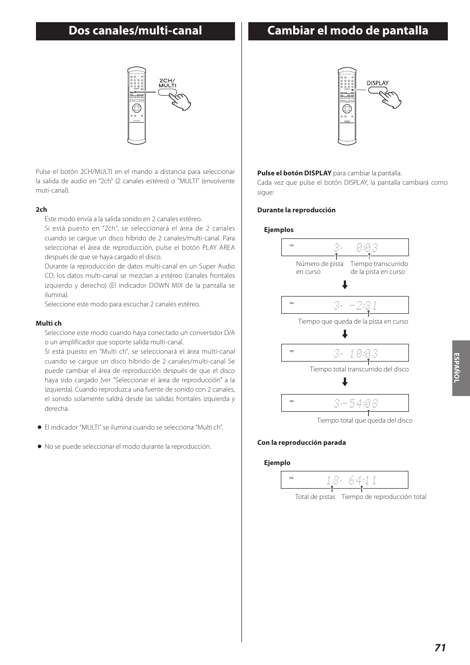 Dos canales/multi-canal, Cambiar el modo de pantalla | Teac P-02 User Manual | Page 71 / 84