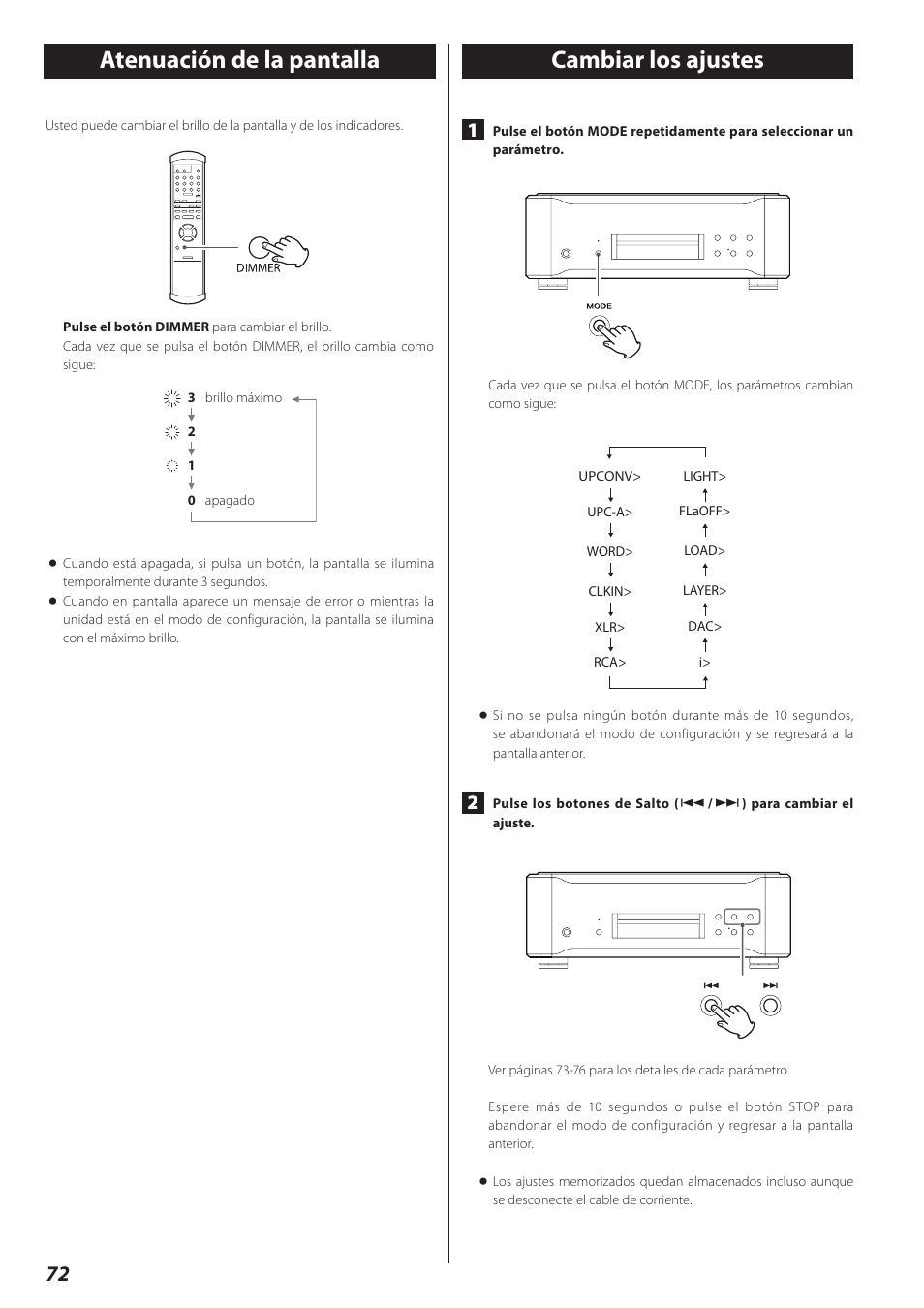 Atenuación de la pantalla, Cambiar los ajustes, Atenuación de la pantalla cambiar los ajustes | Cambiar los ajustes atenuación de la pantalla | Teac P-02 User Manual | Page 72 / 84