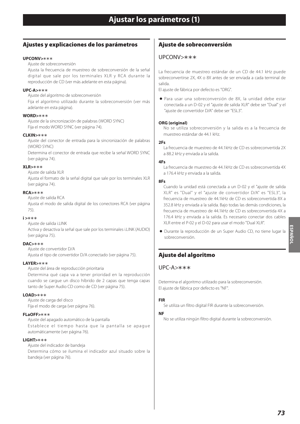 Ajustar los parámetros (1), Ajustar los parámetros, Ajustes y explicaciones de los parámetros | Ajuste de sobreconversión upconv, Ajuste del algoritmo upc-a | Teac P-02 User Manual | Page 73 / 84