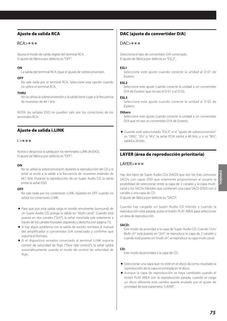 Ajuste de salida rca rca, Ajuste de salida i.link i, Dac (ajuste de convertidor d/a) dac | Layer (área de reproducción prioritaria) layer | Teac P-02 User Manual | Page 75 / 84
