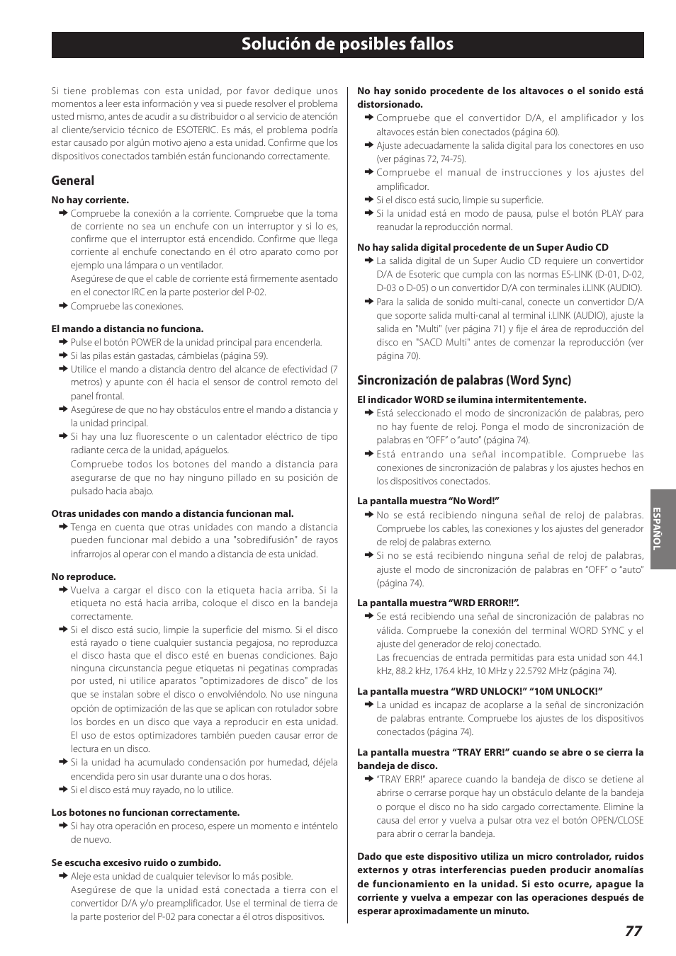 Solución de posibles fallos, General, Sincronización de palabras (word sync) | Teac P-02 User Manual | Page 77 / 84