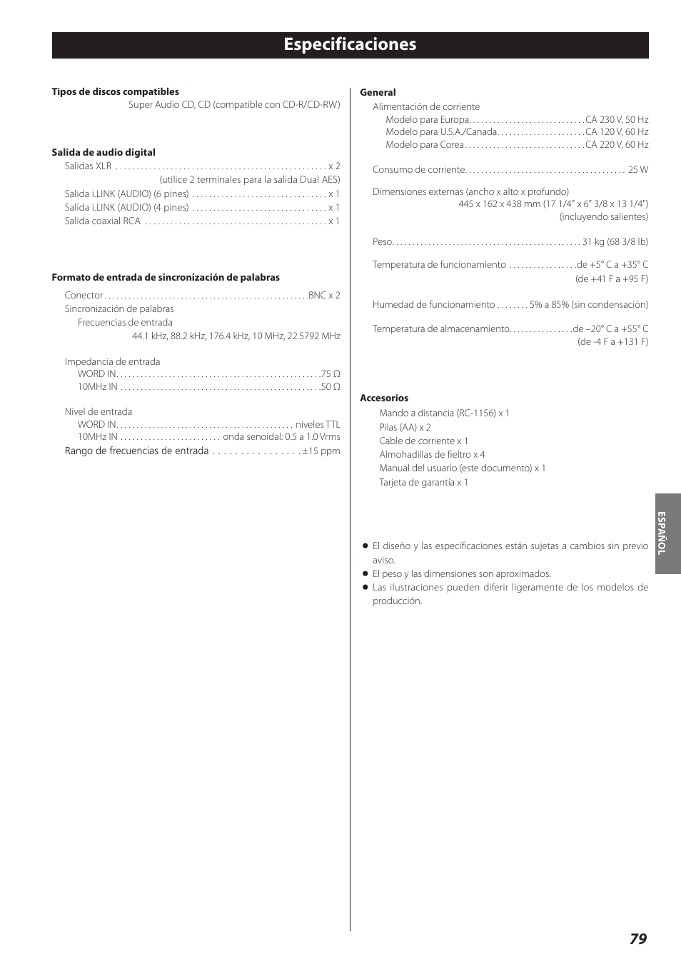 Especificaciones | Teac P-02 User Manual | Page 79 / 84