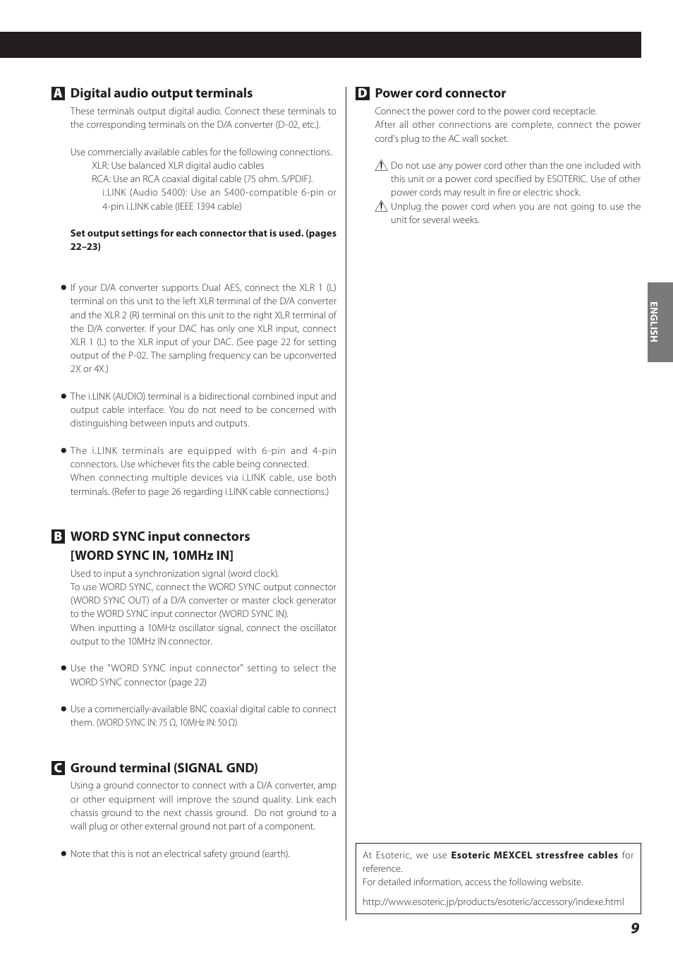 Adigital audio output terminals, Cground terminal (signal gnd), Dpower cord connector | Teac P-02 User Manual | Page 9 / 84