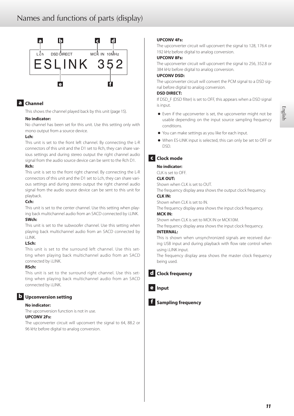 Names and functions of parts (display), Eslink | Teac GRANDIOSO D1 User Manual | Page 11 / 68