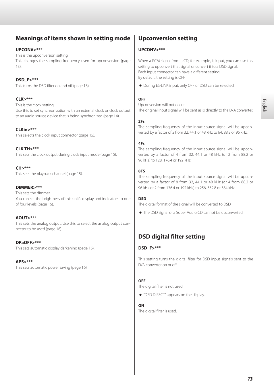 Meanings of items shown in setting mode, Upconversion setting, Dsd digital filter setting | Teac GRANDIOSO D1 User Manual | Page 13 / 68