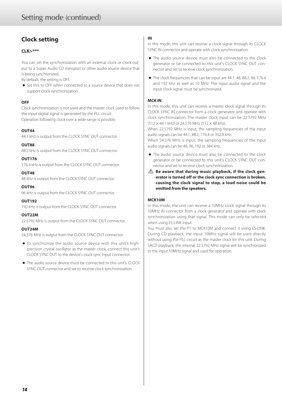 Clock setting, Setting mode (continued) | Teac GRANDIOSO D1 User Manual | Page 14 / 68