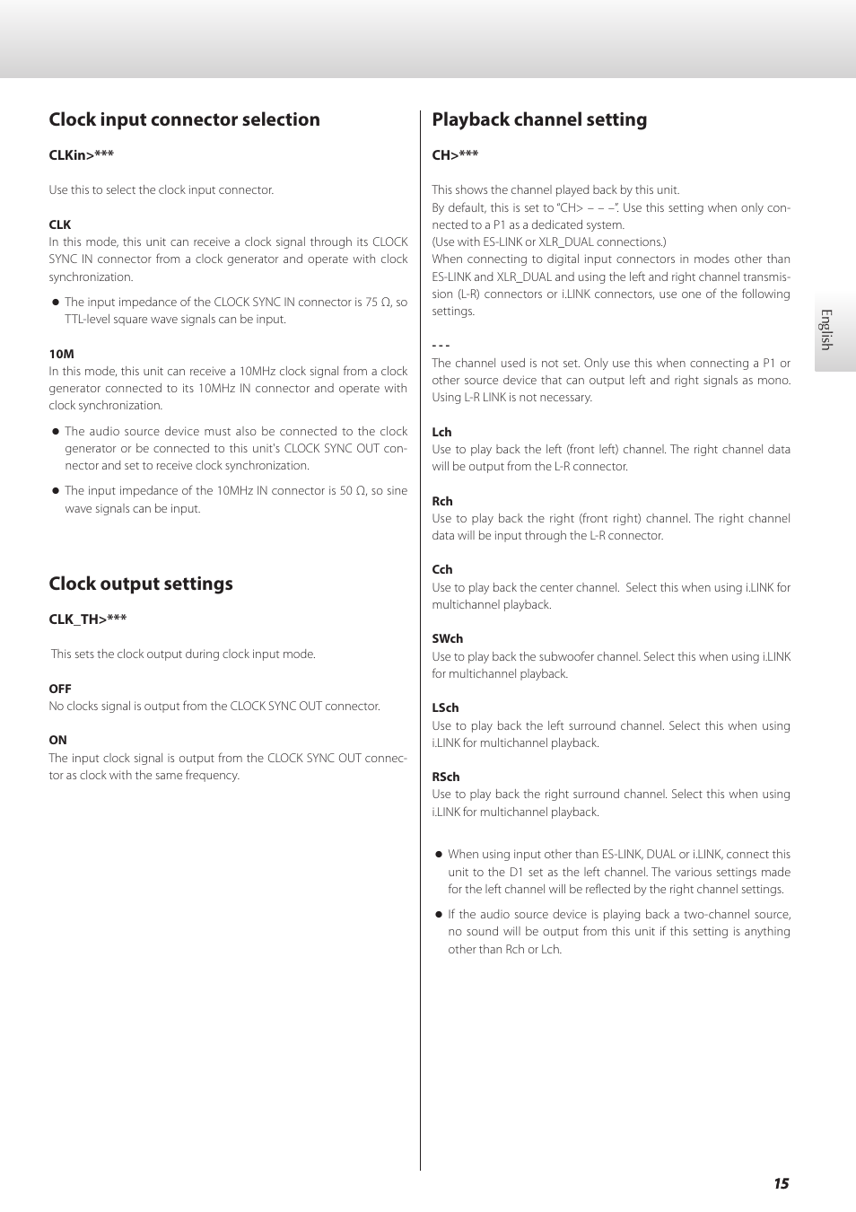 Clock input connector selection, Clock output settings, Playback channel setting | Teac GRANDIOSO D1 User Manual | Page 15 / 68