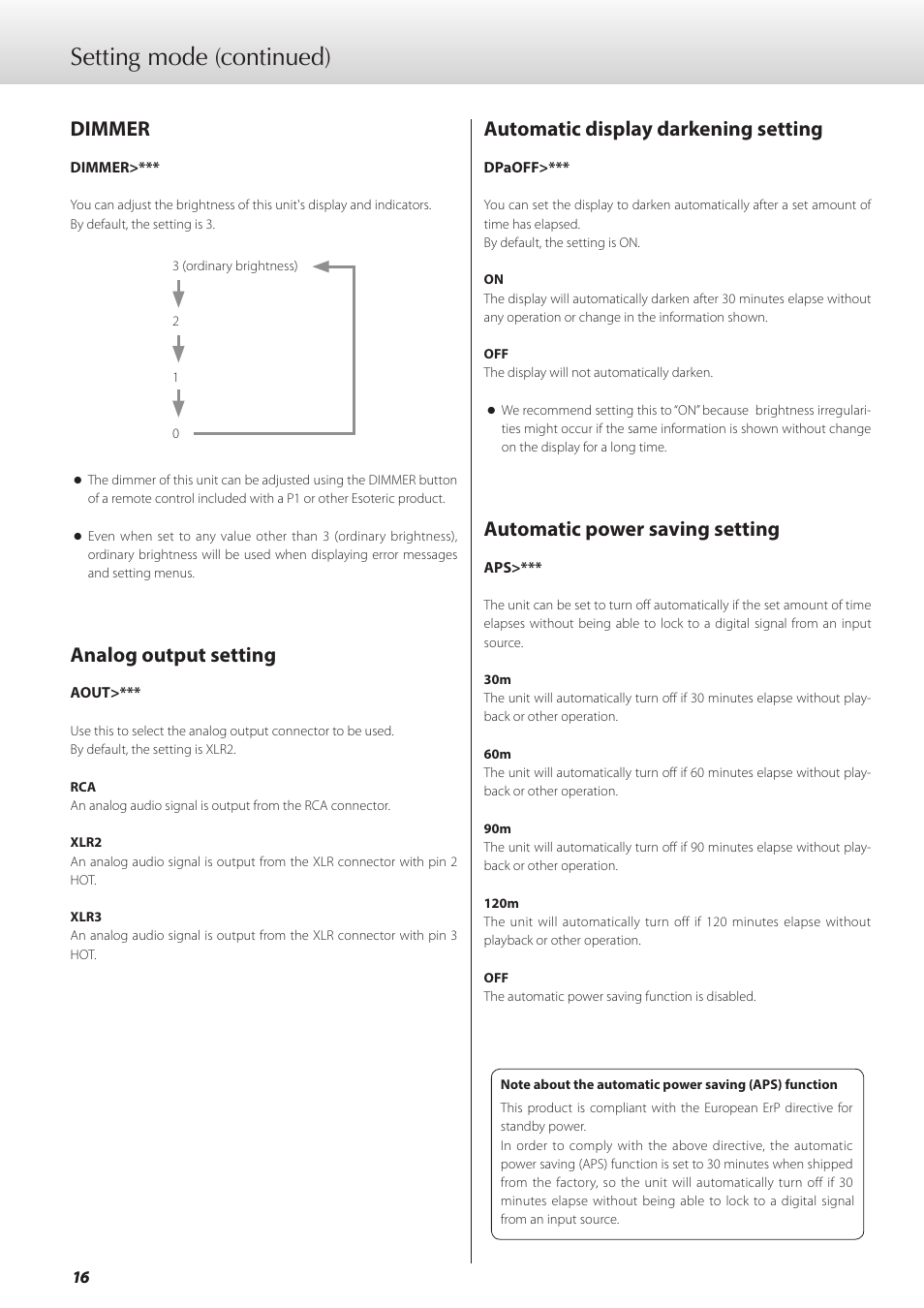 Dimmer, Analog output setting, Automatic display darkening setting | Automatic power saving setting, Setting mode (continued) | Teac GRANDIOSO D1 User Manual | Page 16 / 68