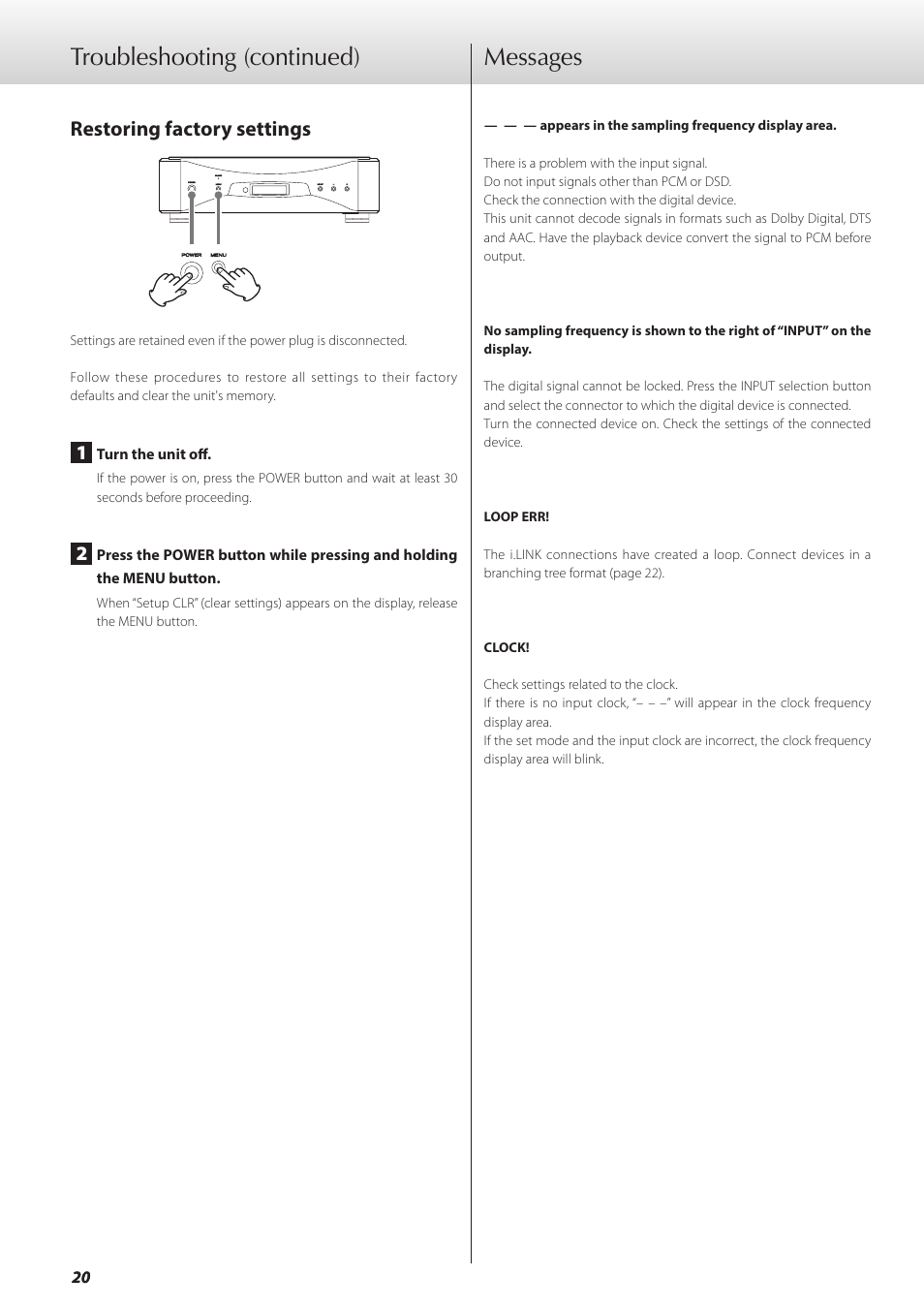 Messages, Restoring factory settings, Troubleshooting (continued) | Teac GRANDIOSO D1 User Manual | Page 20 / 68