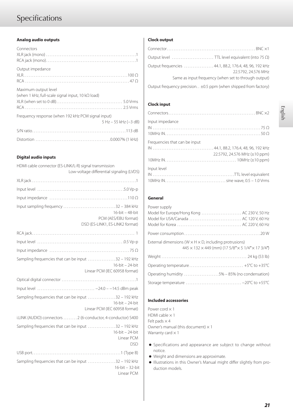 Specifications | Teac GRANDIOSO D1 User Manual | Page 21 / 68