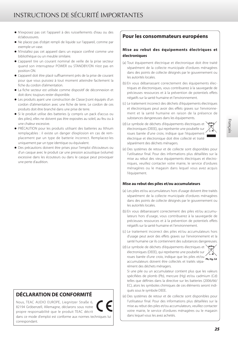 Français, Instructions de sécurité importantes, Pour les consommateurs européens | Déclaration de conformité | Teac GRANDIOSO D1 User Manual | Page 25 / 68