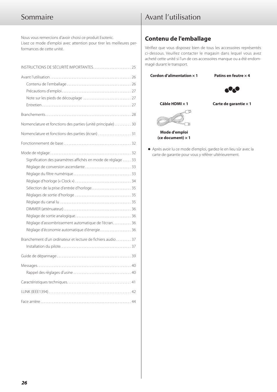 Avant l’utilisation, Contenu de l'emballage, Sommaire | Teac GRANDIOSO D1 User Manual | Page 26 / 68