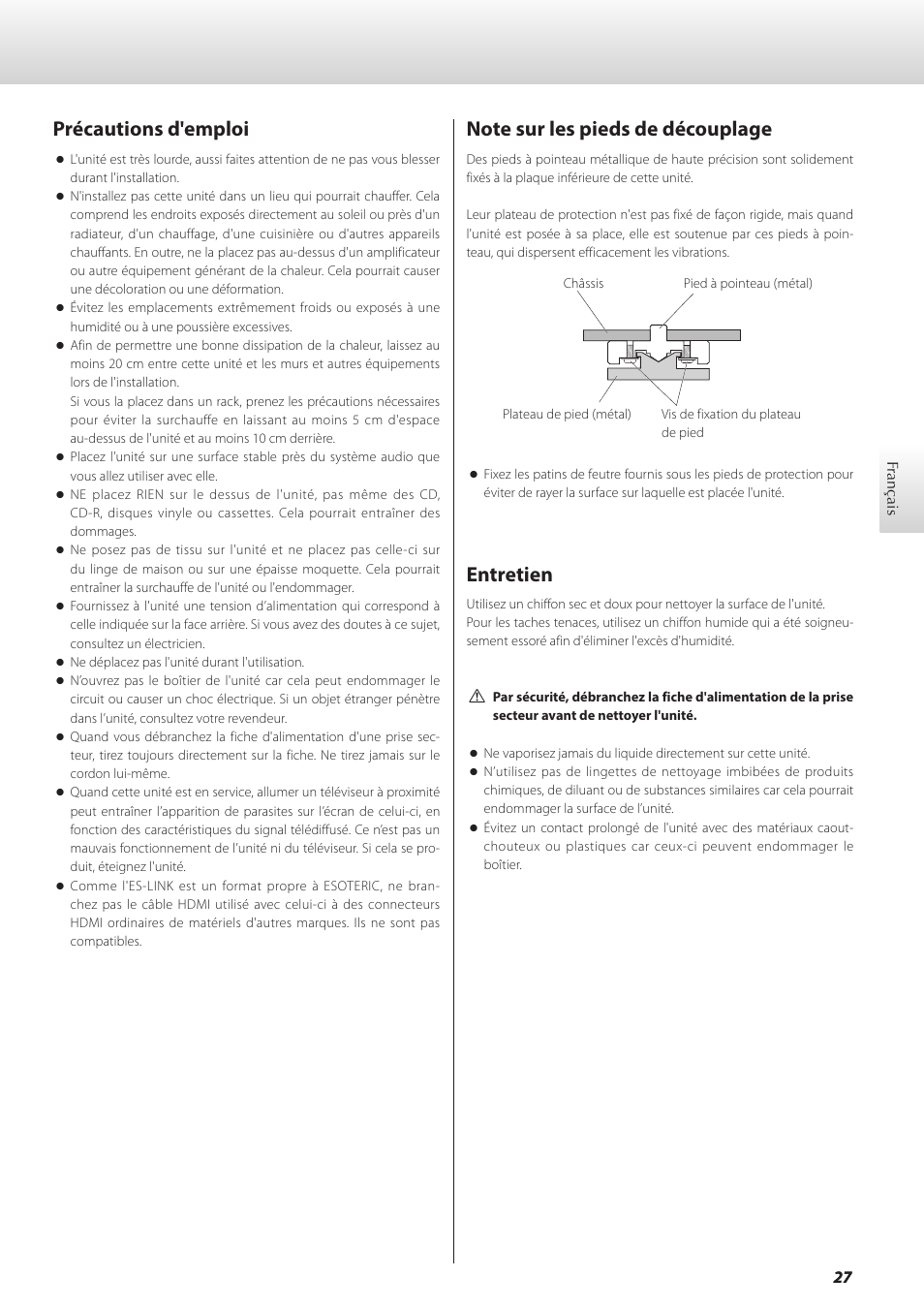 Précautions d'emploi, Note sur les pieds de découplage, Entretien | Teac GRANDIOSO D1 User Manual | Page 27 / 68
