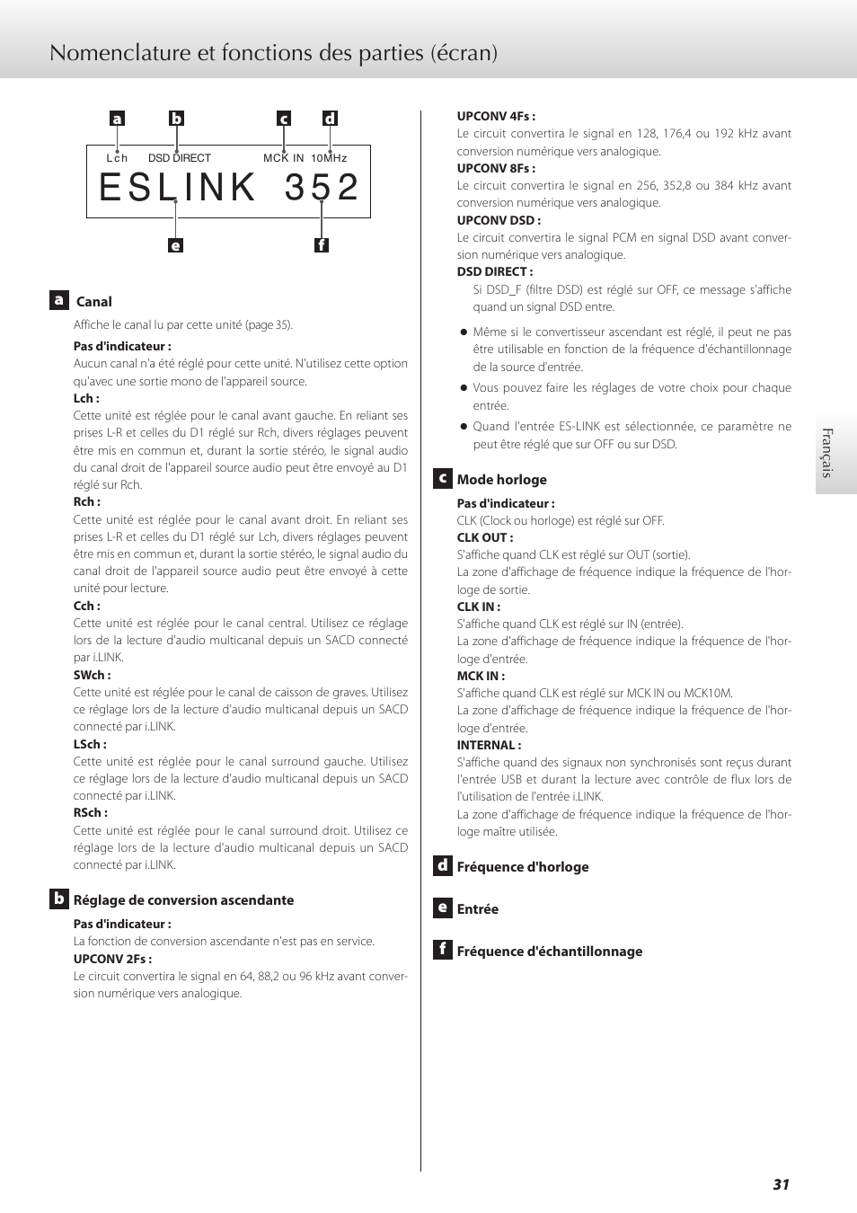 Nomenclature et fonctions des parties (écran), Eslink | Teac GRANDIOSO D1 User Manual | Page 31 / 68