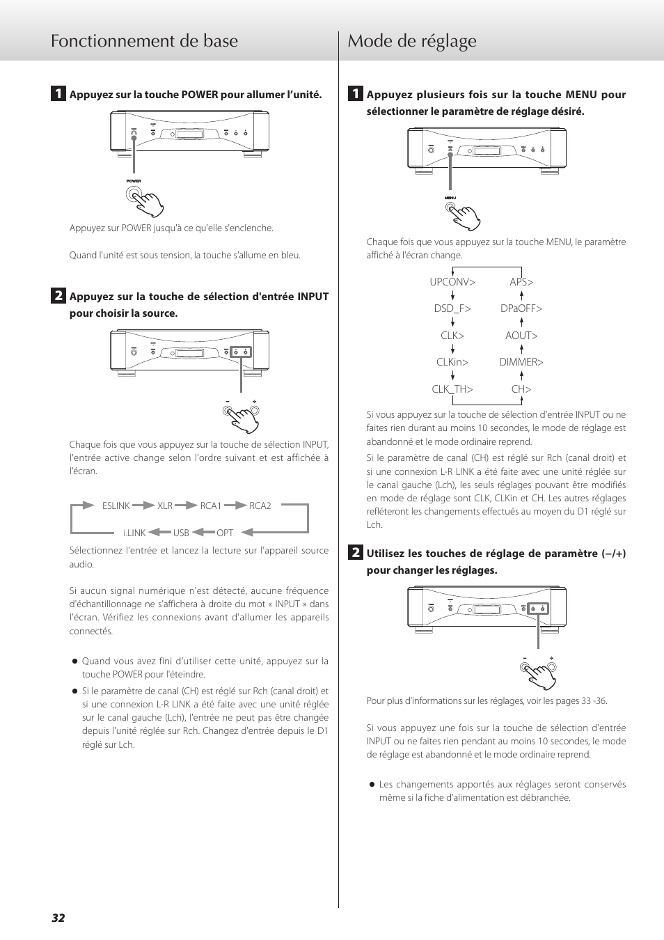 Fonctionnement de base, Mode de réglage | Teac GRANDIOSO D1 User Manual | Page 32 / 68