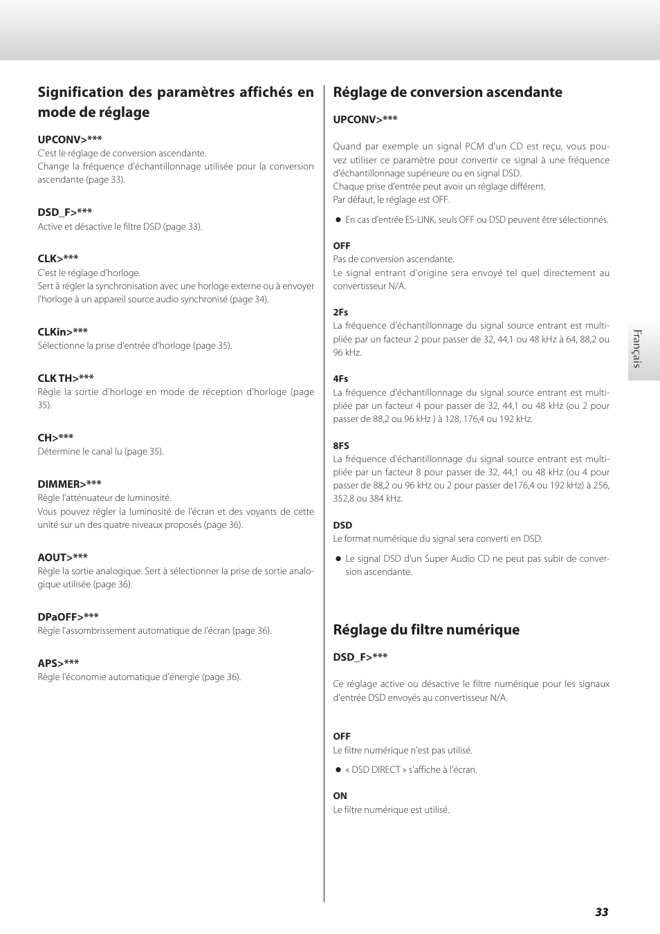 Réglage de conversion ascendante, Réglage du filtre numérique | Teac GRANDIOSO D1 User Manual | Page 33 / 68