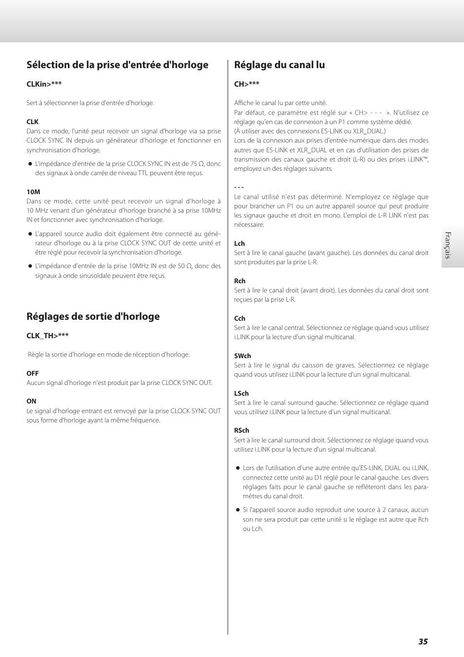 Sélection de la prise d'entrée d'horloge, Réglages de sortie d'horloge, Réglage du canal lu | Teac GRANDIOSO D1 User Manual | Page 35 / 68