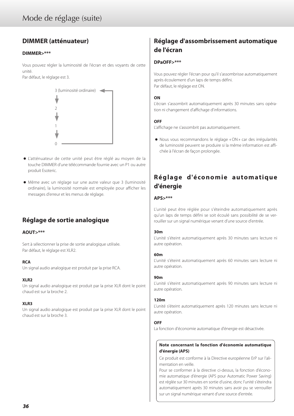 Dimmer (atténuateur), Réglage de sortie analogique, Réglage d'assombrissement automatique de l'écran | Réglage d'économie automatique d'énergie, Mode de réglage (suite) | Teac GRANDIOSO D1 User Manual | Page 36 / 68