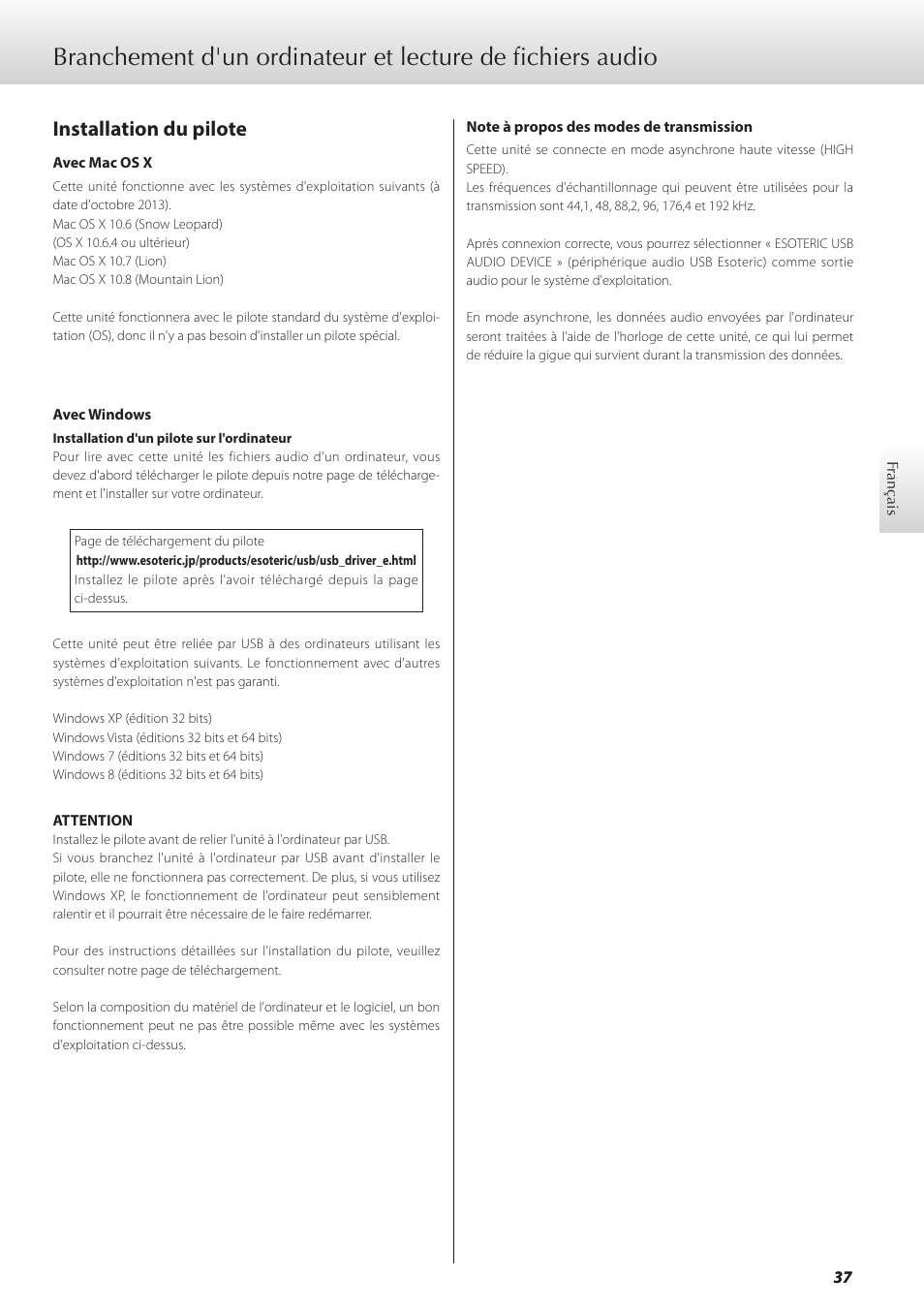 Installation du pilote | Teac GRANDIOSO D1 User Manual | Page 37 / 68
