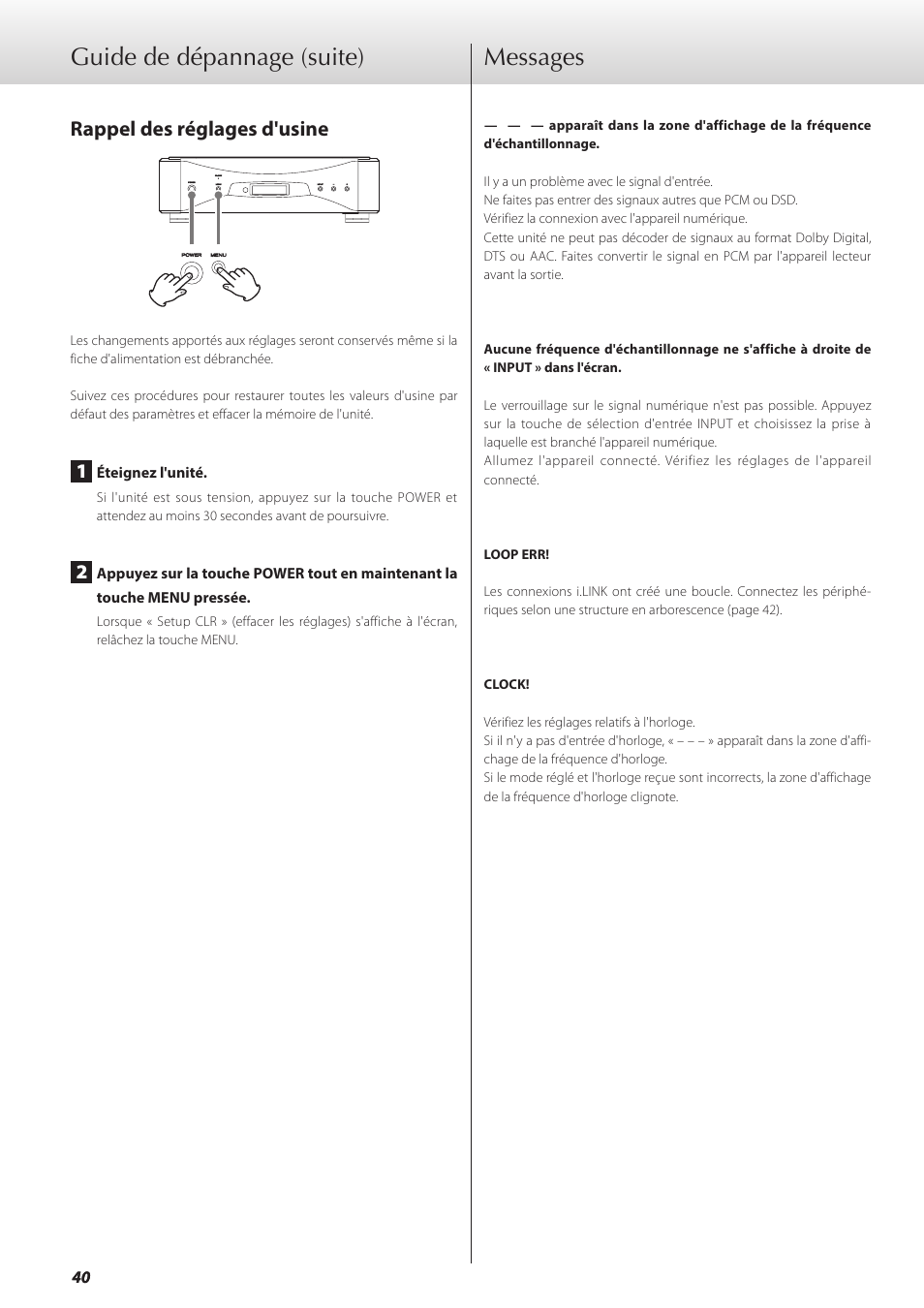 Messages, Rappel des réglages d'usine, Guide de dépannage (suite) | Teac GRANDIOSO D1 User Manual | Page 40 / 68