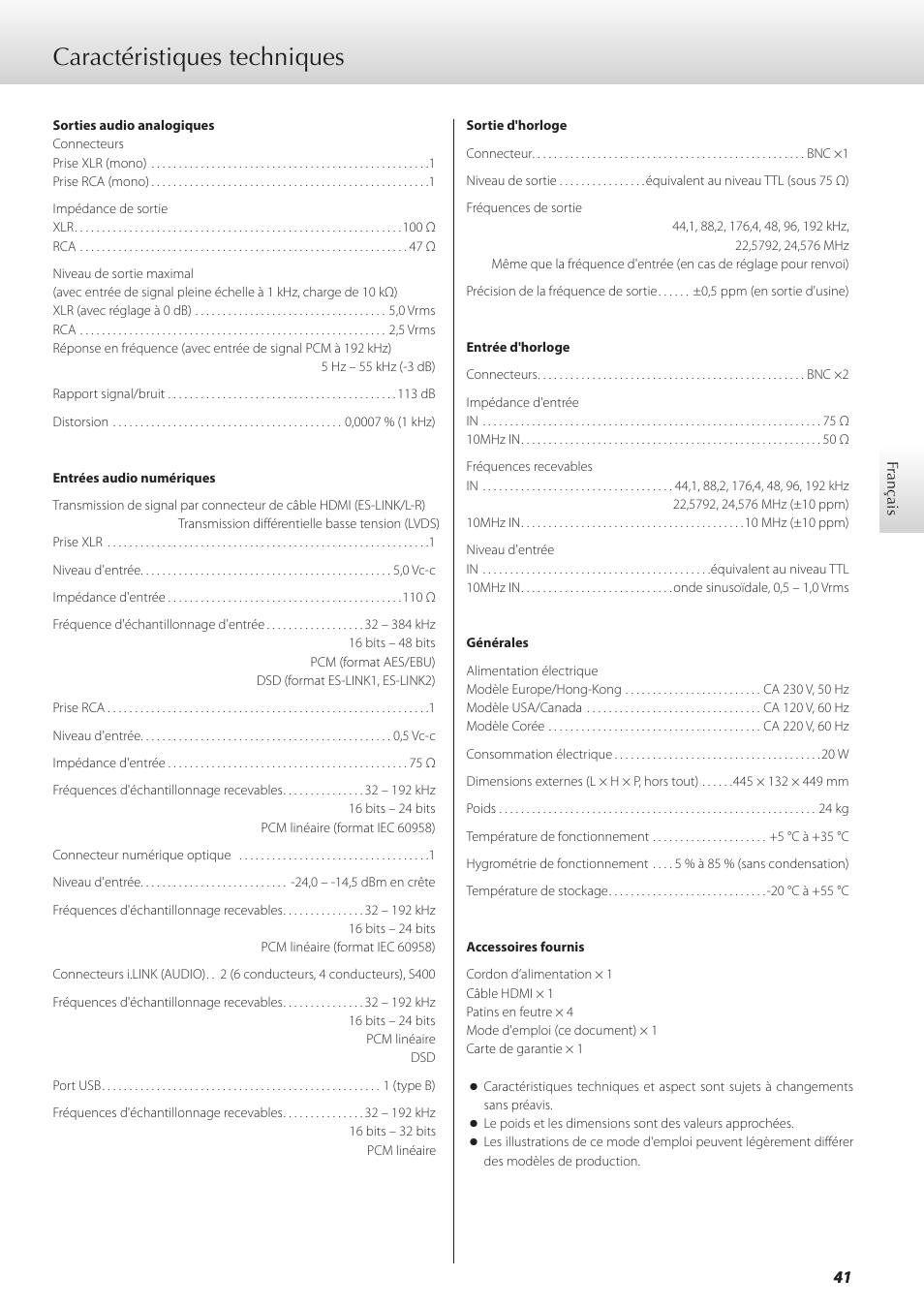 Caractéristiques techniques | Teac GRANDIOSO D1 User Manual | Page 41 / 68