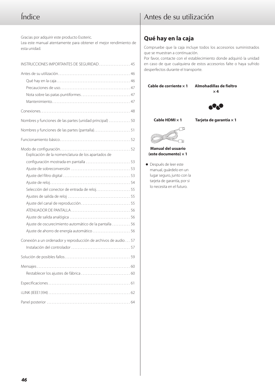 Antes de su utilización, Qué hay en la caja, Índice | Teac GRANDIOSO D1 User Manual | Page 46 / 68