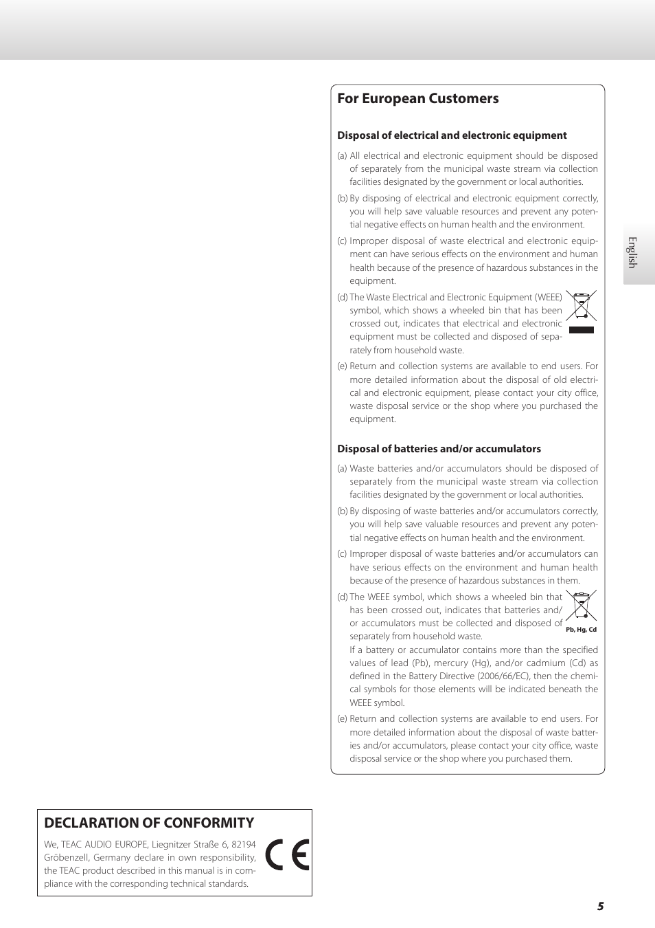 For european customers, Declaration of conformity | Teac GRANDIOSO D1 User Manual | Page 5 / 68