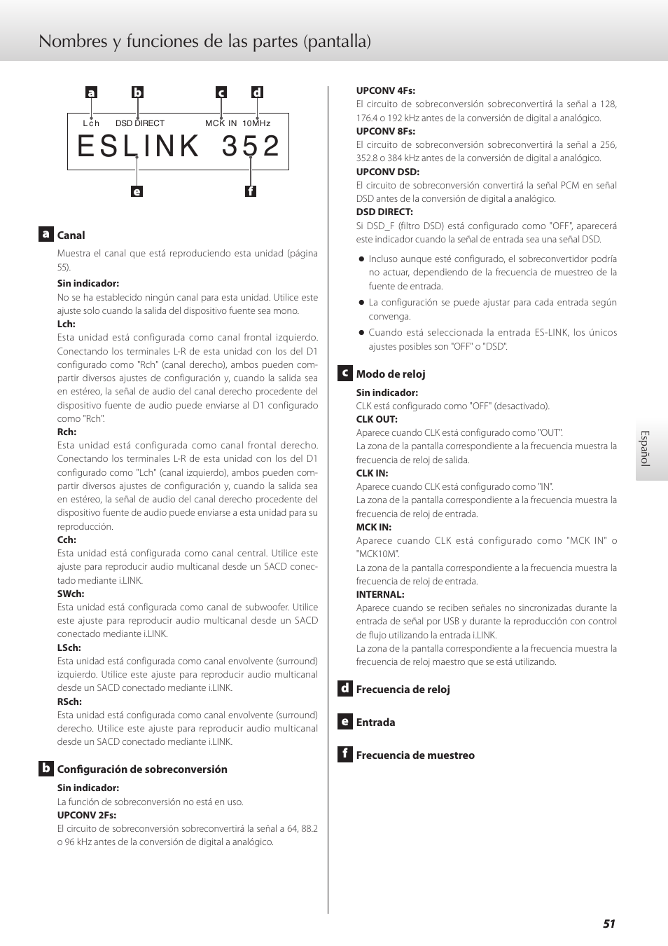 Nombres y funciones de las partes (pantalla), Eslink | Teac GRANDIOSO D1 User Manual | Page 51 / 68