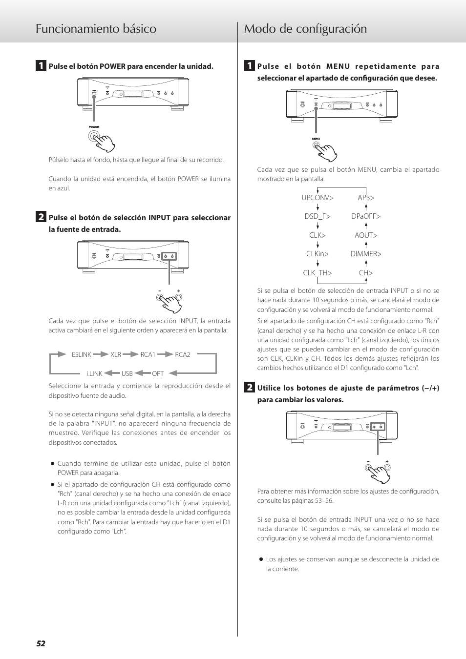 Funcionamiento básico, Modo de configuración | Teac GRANDIOSO D1 User Manual | Page 52 / 68