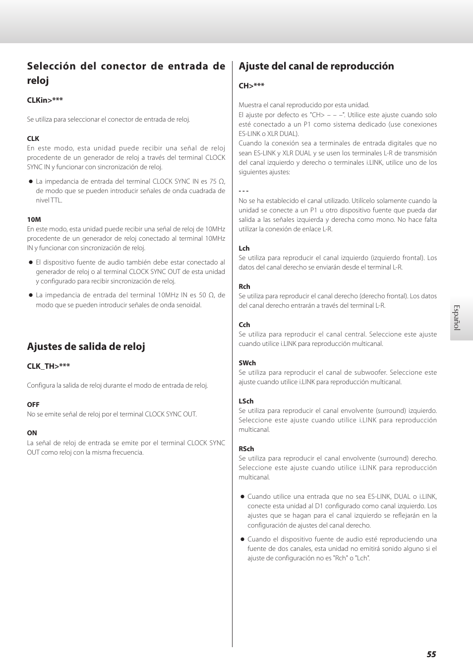 Selección del conector de entrada de reloj, Ajustes de salida de reloj, Ajuste del canal de reproducción | Ina 55, Ina 55) | Teac GRANDIOSO D1 User Manual | Page 55 / 68