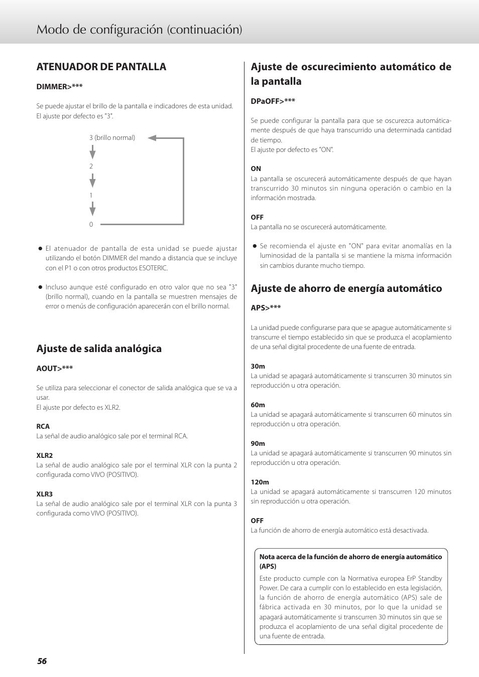 Atenuador de pantalla, Ajuste de salida analógica, Ajuste de oscurecimiento automático de la pantalla | Ajuste de ahorro de energía automático, Ina 56, Modo de configuración (continuación) | Teac GRANDIOSO D1 User Manual | Page 56 / 68