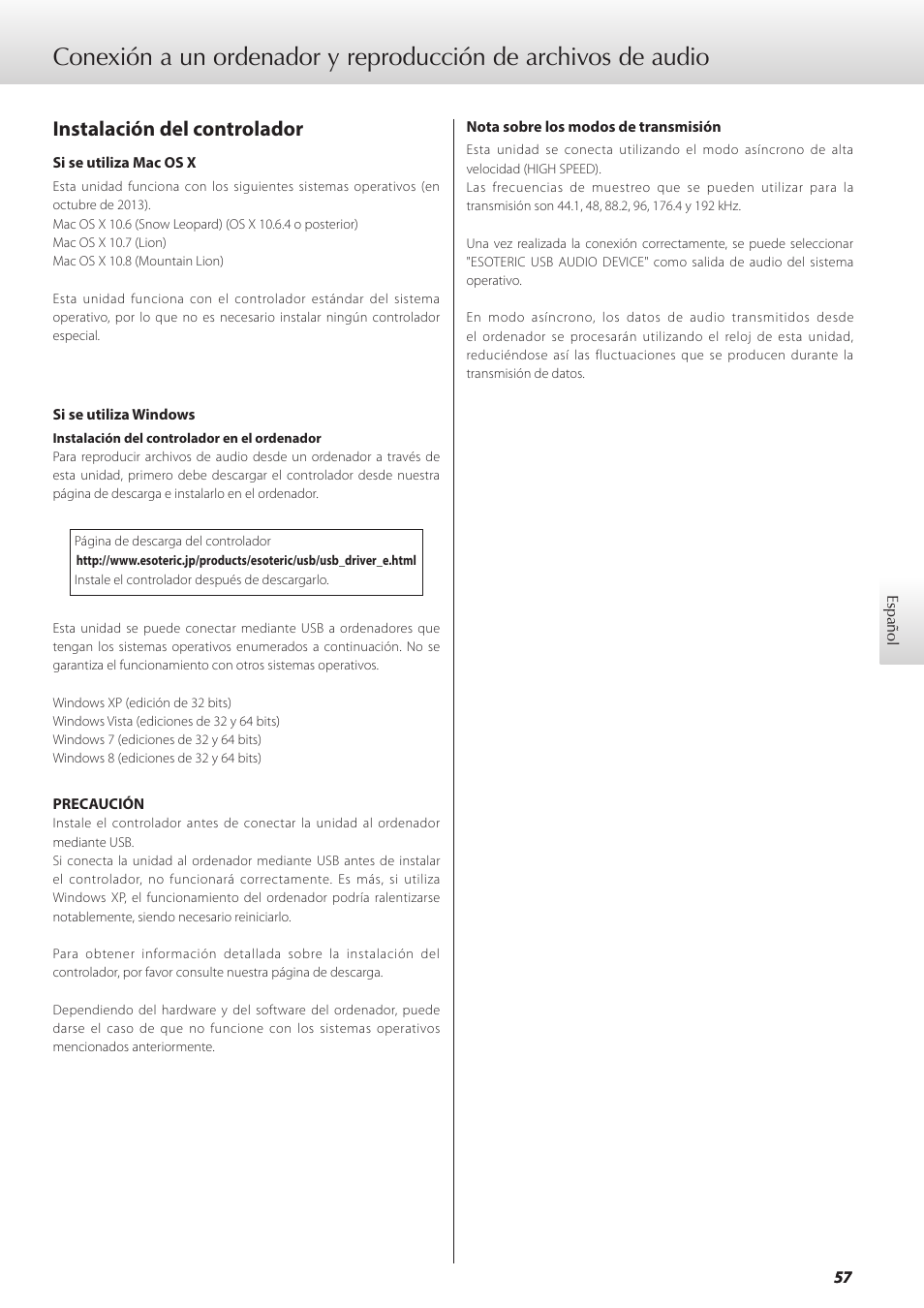 Instalación del controlador | Teac GRANDIOSO D1 User Manual | Page 57 / 68