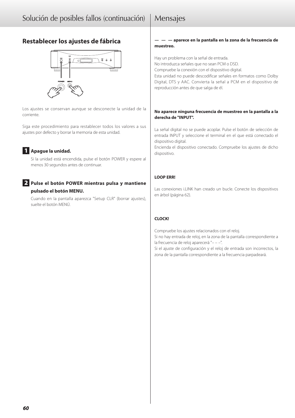 Mensajes, Restablecer los ajustes de fábrica, Solución de posibles fallos (continuación) | Teac GRANDIOSO D1 User Manual | Page 60 / 68