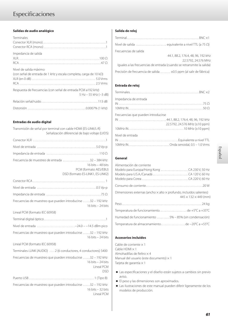 Especificaciones | Teac GRANDIOSO D1 User Manual | Page 61 / 68