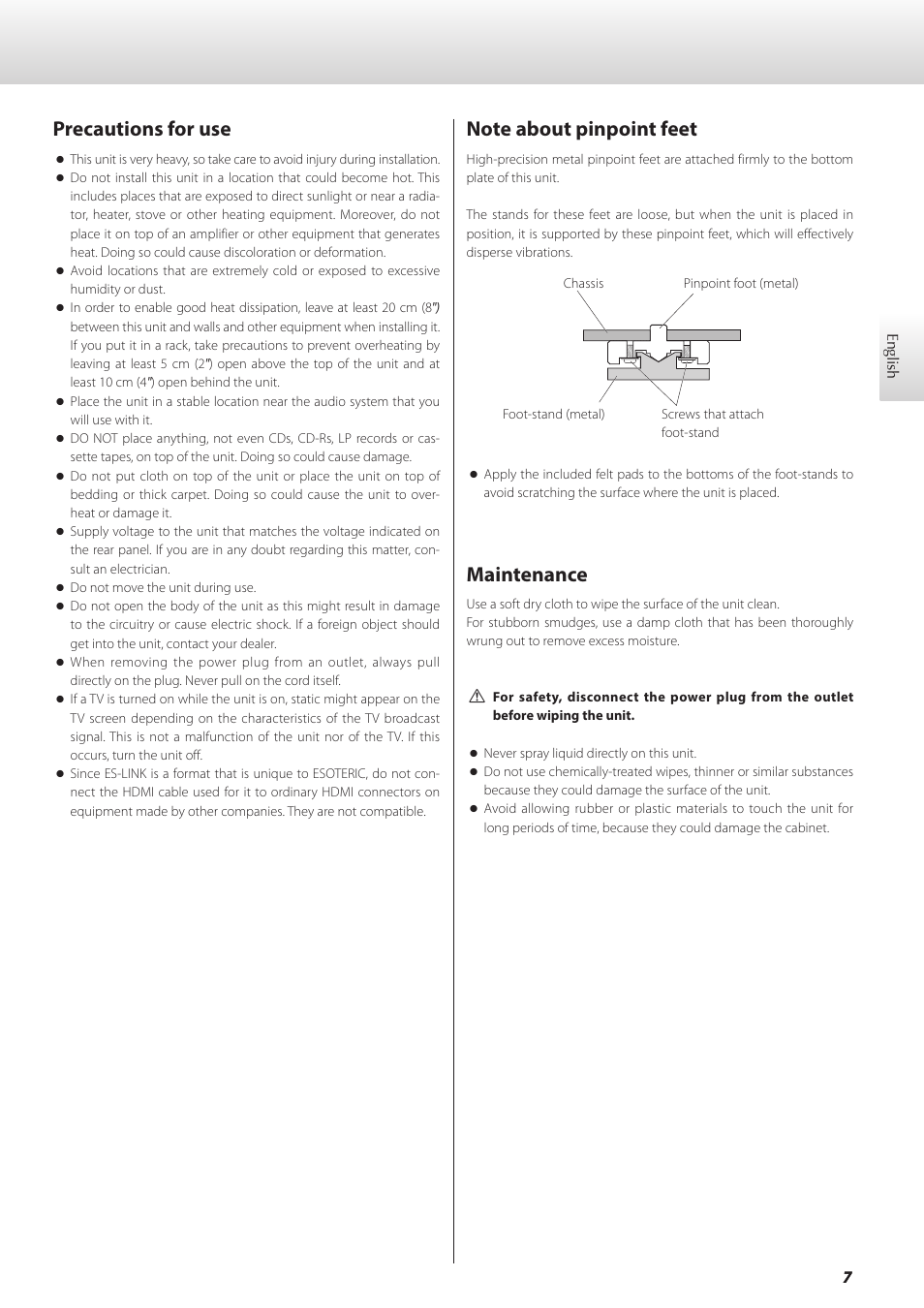 Precautions for use, Note about pinpoint feet, Maintenance | Teac GRANDIOSO D1 User Manual | Page 7 / 68