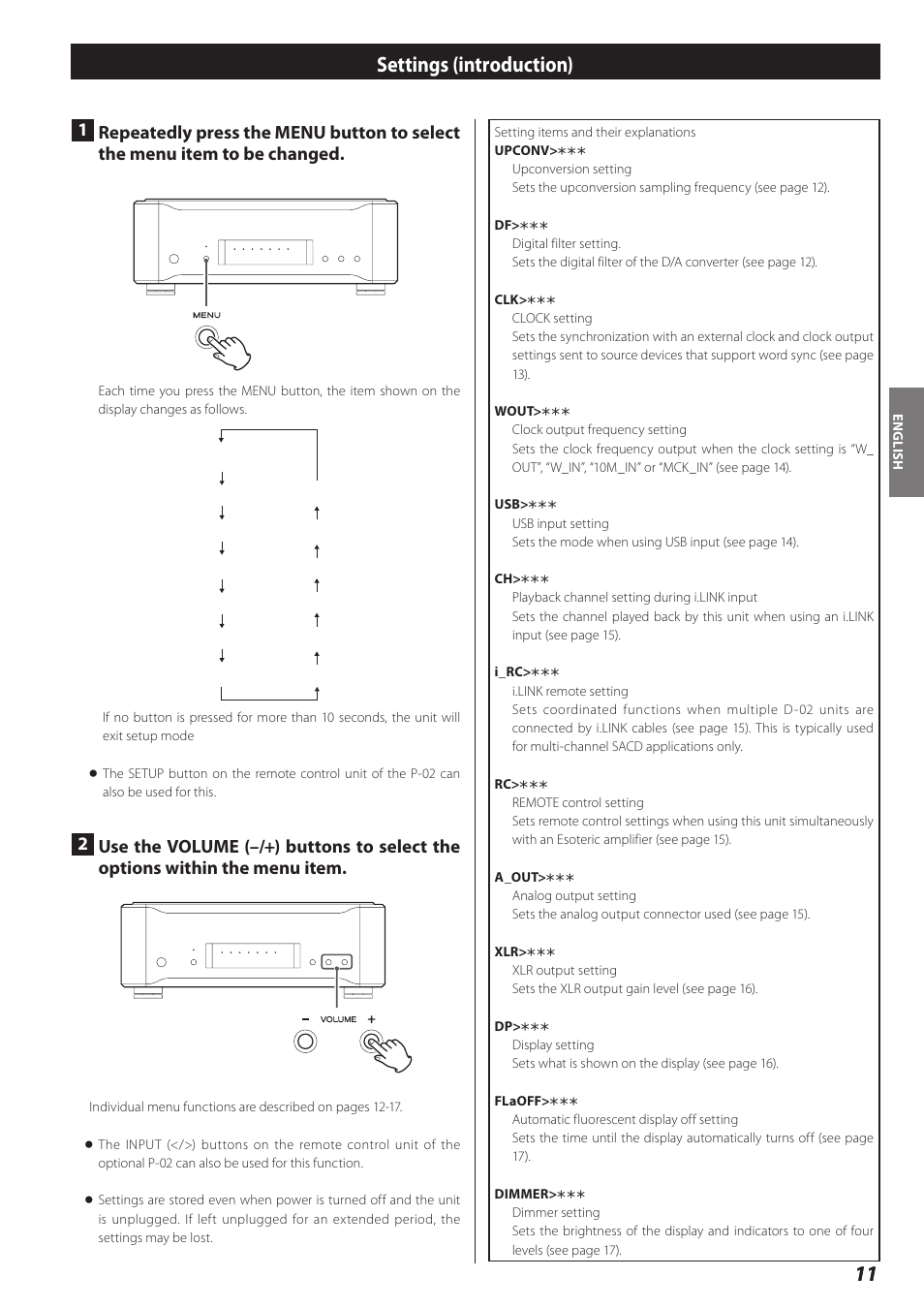 Settings (introduction) | Teac D-02 User Manual | Page 11 / 64